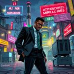 A satirical illustration depicting an AI factory in a dystopian African setting, showcasing a futuristic yet chaotic environment. The factory is bustling with robots and advanced technology, surrounded by contrasting elements like a flickering streetlight and a malfunctioning electric grid. In the foreground, a charismatic tech tycoon reminiscent of Strive Masiyiwa stands confidently, wearing a high-tech suit, while comically glancing at the backup generator. Neon signs in the background advertise various services like "AI for Agriculture" and "Healthcare Revolution," but with a humorous twist, such as "Powered by Hope and Backup Generators." The scene is vibrant and colorful, capturing the irony of technological advancement in a struggling infrastructure, with a blend of realism and exaggerated cartoonish elements. The artwork should have a cinematic feel, with dramatic lighting and fine details, reflecting the stark contrasts of the narrative.