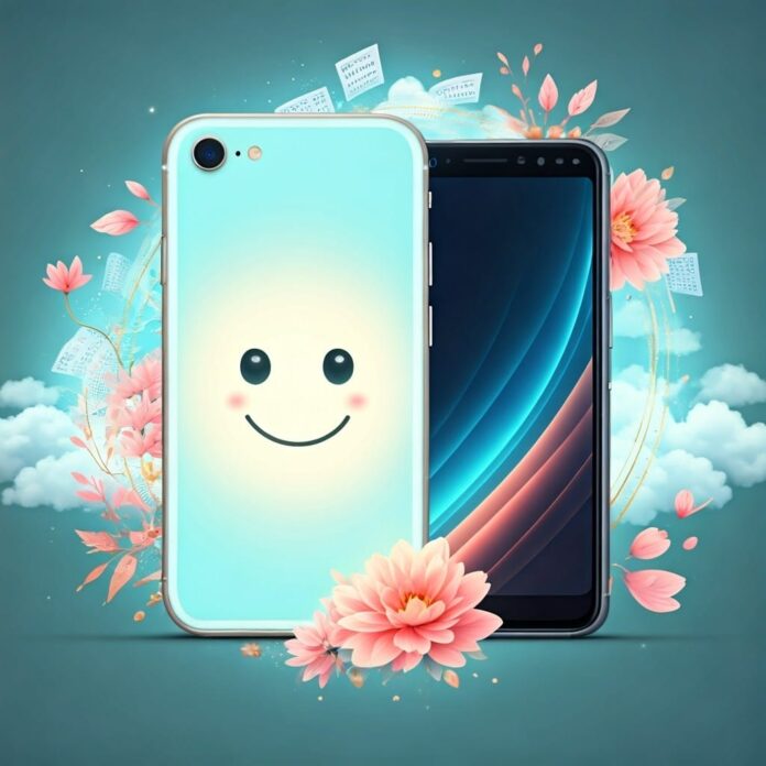 A whimsical and thought-provoking illustration of an iPhone personified, with a glowing, ethereal aura symbolizing a "soul." The iPhone should have gentle, expressive features, like eyes that convey emotion and a warm smile, set against a backdrop of dreamy, surreal elements that suggest a connection to humanity. In contrast, depict a Google Pixel phone as a sleek, cold, and mechanical entity, surrounded by floating spreadsheets and data streams, emphasizing its data-driven nature. The scene should balance a vibrant color palette with soft lighting, evoking a sense of wonder and contemplation about technology and its impact on our lives. Add subtle details like gears and wires in the background to enhance the contrast between human warmth and digital coldness.