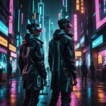 A striking visual representation of digital twins or doppelgängers, set in a futuristic cityscape filled with neon lights and holographic displays. The scene features two identical figures standing back-to-back, both dressed in sleek, high-tech attire that blends organic and cybernetic elements. Their expressions convey a sense of mystery and duality, with one side illuminated by vibrant colors while the other is shrouded in shadows. The background showcases a bustling metropolis filled with floating vehicles, towering skyscrapers, and digital billboards, capturing the essence of a cyberpunk aesthetic. Emphasize intricate details in the characters' designs, including glowing circuit patterns, augmented reality interfaces, and reflective surfaces. The overall composition should evoke a sense of wonder and intrigue, inviting viewers to ponder the implications of identity in a digital age.
