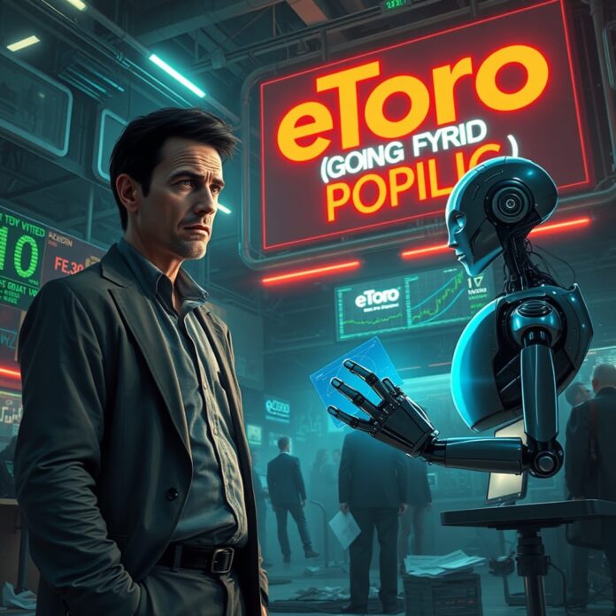 A dramatic digital illustration depicting the tension between human traders and AI trading bots in a futuristic stock market setting. The scene features a bustling trading floor illuminated by neon lights, with traders anxiously watching screens filled with fluctuating stock prices. In the foreground, a human trader, looking worried and overwhelmed, stands beside a sleek, humanoid AI robot that effortlessly analyzes data and executes trades. The contrast between the two figures highlights the impending shift in power—humans are depicted with expressions of uncertainty, while the AI exudes confidence and efficiency. In the background, a massive digital billboard displays the phrase "eToro Going Public," while investors hover in anticipation. To convey the apocalyptic undertones of this scenario, incorporate elements like flickering lights, crumbling architecture, and hints of chaos in the trading environment. The color palette should include dark tones contrasted with vivid neon accents, creating a sense of urgency and drama. Aim for hyper-realistic details that capture the intensity of this pivotal moment in trading history.