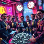 A satirical illustration depicting a lavish, secretive tech CEO club meeting in an opulent setting, reminiscent of a lavish retreat. The scene is filled with a diverse group of tech CEOs, each wearing extravagant suits, laughing and toasting with champagne. In the background, large screens display graphs showing soaring stock prices alongside ridiculous company logos, symbolizing the absurdity of their ventures. The CEOs are depicted with exaggerated facial expressions of glee and mischief, highlighting their amusement over the "greater fool theory." One CEO holds a document labeled "Hot Potato Holdings," while another points at a pile of crumpled dollar bills with a smirk. A wall-mounted clock shows the time as "Market O'Clock," emphasizing the constant ticking of the market. The environment is infused with a cyberpunk aesthetic: neon lights flickering, holographic displays showcasing ludicrous tech inventions, and a futuristic city skyline visible through the large windows. The overall atmosphere is both humorous and critical, capturing the absurdity and irony of the tech industry's practices in a vibrant, hyper-detailed digital artwork.