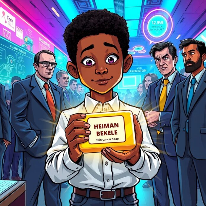A satirical illustration depicting a bustling Silicon Valley scene, juxtaposed with the simplicity of a 14-year-old inventor's soap creation. The foreground features Heman Bekele, confidently holding a bar of his "Skin Cancer Treating Soap," surrounded by a glowing aura to emphasize its significance. In the background, a group of bewildered tech CEOs in sleek suits, their expressions a mix of shock and frustration, are seen grappling with screens showcasing failed AI projects and complex data visualizations. The setting is a vibrant, futuristic Silicon Valley office filled with high-tech gadgets, neon lights, and holographic displays, emphasizing the contrast between advanced technology and Bekele's humble invention. The atmosphere is lively, with a mix of humor and seriousness, reflecting the tension between traditional tech solutions and grassroots ingenuity. The illustration should capture the essence of a modern-day David vs. Goliath story, highlighting the impact of innovation from unexpected places. Use bright colors, sharp details, and a dynamic composition to create a compelling visual narrative.