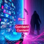 A thought-provoking digital illustration depicting the irony of modern internet usage. Visualize a split scene: on one side, a vibrant, chaotic digital landscape filled with cat videos, social media feeds, and endless information streams, all represented in bright neon colors. On the other side, show dark, looming figures symbolizing corporations and surveillance, with eyes and cameras everywhere, representing the loss of privacy. Incorporate elements like a giant "Free Content" sign juxtaposed with chains or locks symbolizing the hidden costs of privacy invasion. The atmosphere should be surreal and slightly dystopian, using dramatic lighting to convey tension. The art style should blend cyberpunk aesthetics with surrealism, capturing the contradiction of users wanting free access to everything while being closely monitored. Include subtle details like data streams and code in the background to emphasize the digital nature of this modern dilemma.