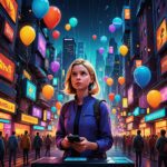 A whimsical and satirical illustration depicting Marissa Mayer as a heroic figure in a modern tech landscape, unveiling her groundbreaking applications from a futuristic podium. The scene features exaggerated, cartoonish representations of common tech frustrations—duplicate phone contacts as mischievous twins, forgotten birthdays as sad balloons, and lost photos represented by scattered, floating images. Bright, vibrant colors with a techy, digital aesthetic set against a backdrop of a bustling, futuristic city. Include playful details like smartphone characters looking amazed and cheering, capturing the essence of innovation and humor in the tech world.