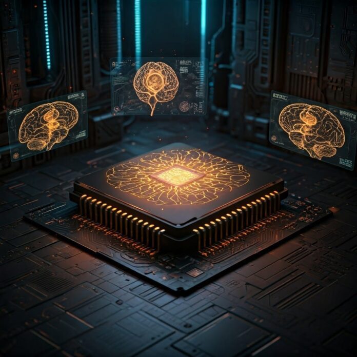 A visionary illustration of neuromorphic computing, showcasing a futuristic computer chip designed with intricate patterns resembling biological neurons and synapses. The chip is integrated into a sleek, translucent device that glows with neon colors, representing the flow of information. Surrounding the chip, digital representations of human brain structures and neural networks intertwine, symbolizing the connection between biology and technology. The background features a high-tech laboratory filled with advanced machinery and holographic displays, emphasizing the cutting-edge nature of this field. The scene is illuminated with dramatic lighting, highlighting the intricate details of the chip and its biological inspiration, creating a sense of awe and wonder in a cybernetic landscape.