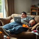 A person sat on the sofa buying PLR ebooks hoping to get rich quick