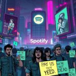 A satirical digital illustration depicting the concept of "DeadArtist.AI" in a dystopian future where musicians are replaced by AI-generated avatars of deceased artists. The scene features a futuristic Spotify headquarters, surrounded by holographic billboards showcasing these AI musicians performing on stage, with a disillusioned crowd of living artists watching in despair. The atmosphere is filled with neon lights and cyberpunk aesthetics, highlighting the stark contrast between the vibrant music culture and the bleak economic realities. In the foreground, a group of frustrated musicians hold signs reading “Pay Us More!” and “We’re Not Dead Yet!” The art should capture a blend of humor and critique, using sharp focus and detailed character expressions to convey the emotional impact of this technological shift on the music industry.
