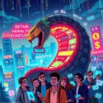 A satirical illustration depicting "The Ouroboros Effect" in the tech industry. Visualize a giant, futuristic ouroboros snake made of glowing circuit boards and digital screens, with segments representing various industries (like retail, healthcare, and finance) being consumed by the snake's own tail. In the background, create a bustling Silicon Valley skyline filled with high-tech skyscrapers, all adorned with flashy neon signs advertising "disruptive" startups. In the foreground, a group of diverse tech entrepreneurs, dressed in trendy outfits, are animatedly discussing their latest app ideas, surrounded by floating holographic graphics of buzzwords and dollar signs. The scene should have a humorous and exaggerated tone, capturing the absurdity of the situation. Use bright colors and dynamic lighting to convey a sense of excitement mixed with irony, reminiscent of a digital art style popular on platforms like ArtStation.