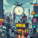 A satirical illustration depicting a chaotic scene of various startups in a futuristic, tech-driven cityscape. The foreground features frantic founders and investors in office attire, some holding IPO documents while others frantically type on holographic devices. In the background, a large clock ticks down ominously, symbolizing the urgency of their situation. Incorporate elements of humor, such as a startup with a sign that reads "Last Chance DVD Rentals" surrounded by a group of robots mocking it. Other startups can be portrayed as quirky characters, each representing different industriesβlike a food delivery drone looking worriedly at a futuristic kitchen operated entirely by AI. The overall atmosphere should be vibrant and chaotic, with neon lights reflecting the frantic energy of the "Get Out While You Still Can" market, while subtle visual cues (like robotic arms or screens displaying graphs plummeting) hint at the encroaching AI threat. The art should mix realism with a comedic, exaggerated style to capture the urgency and absurdity of the situation.