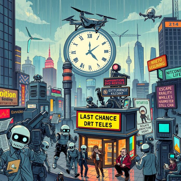 A satirical illustration depicting a chaotic scene of various startups in a futuristic, tech-driven cityscape. The foreground features frantic founders and investors in office attire, some holding IPO documents while others frantically type on holographic devices. In the background, a large clock ticks down ominously, symbolizing the urgency of their situation. Incorporate elements of humor, such as a startup with a sign that reads "Last Chance DVD Rentals" surrounded by a group of robots mocking it. Other startups can be portrayed as quirky characters, each representing different industries—like a food delivery drone looking worriedly at a futuristic kitchen operated entirely by AI. The overall atmosphere should be vibrant and chaotic, with neon lights reflecting the frantic energy of the "Get Out While You Still Can" market, while subtle visual cues (like robotic arms or screens displaying graphs plummeting) hint at the encroaching AI threat. The art should mix realism with a comedic, exaggerated style to capture the urgency and absurdity of the situation.