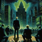 A satirical and dramatic illustration depicting a group of tech CEOs in formal attire, kneeling before a grand, imposing altar dedicated to Donald Trump. The backdrop features a chaotic corporate environment, with stock market graphs plummeting dramatically. Each CEO is dramatically styled, showcasing a mix of despair and disbelief as they clutch their wallets, which are overflowing with cash but also visibly stabbed or marked with dollar signs. The altar is adorned with symbols of wealth and power, like gold coins and tech gadgets, while a towering statue of Trump looms above them, casting a shadow. Incorporate elements of a dystopian corporate landscape with neon lights and dark clouds, creating an atmosphere of impending doom. The scene should be hyper-detailed with sharp focus, mixing dark humor with sharp societal commentary, reflecting the tension between tech giants and political power in a visually striking manner.