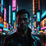 A dystopian scene depicting the implications of AI voice cloning technology, featuring a futuristic cityscape bathed in neon lights. In the foreground, a holographic advertisement showcases a digital replica of a person's face, their voice echoing in a hauntingly familiar yet artificial manner. The background features shadowy figures of TechBros celebrating their invention, while everyday people express outrage and confusion. Incorporate elements of satire, with billboards promoting absurd products like discount hemorrhoid cream using cloned voices. The atmosphere should be dark and moody, with a mix of high-tech and grim reality, capturing the essence of a world where human identity is commodified. The artwork should be hyper-detailed, with a cinematic quality, highlighting both the allure and the horror of this new technology.