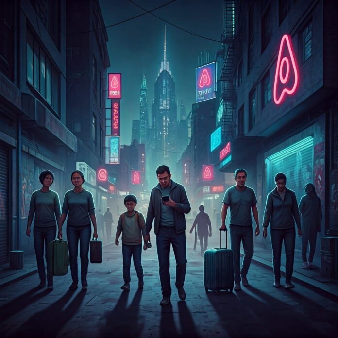 A satirical and dystopian illustration depicting a futuristic cityscape where Airbnb dominates the housing market. The scene shows a bustling urban environment filled with neon signs and advertisements promoting short-term rentals. In the foreground, a diverse group of people, including families and individuals, are shown looking frustrated and confused as they navigate their temporary living situations. The buildings in the background are adorned with quirky "Airbnb" logos and vibrant colors, contrasting with the somber expressions of the residents. Some are holding suitcases, while others peer into their smartphones, searching for available listings. The artwork should have a hyper-detailed style, capturing both the vibrancy and the underlying tension of this reality. Use a mix of bright neon lighting and shadowy corners to highlight the disparity between the rental market's glitz and the characters' struggles. Incorporate elements of graffiti and street art that critique the situation, adding depth to the narrative. Overall, the piece should evoke a sense of irony and urgency, pushing viewers to reflect on the implications of commodifying housing in a rapidly changing world.