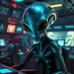 Alien observing humans use the internet. An alien observing humans use the internet, set in a futuristic and vibrant digital landscape. The alien is a unique and imaginative creature, with colorful skin and large, expressive eyes, seated in a high-tech control room filled with holographic screens displaying social media, streaming videos, and online interactions. The room is illuminated by soft, neon lights, casting an ethereal glow. In the background, glimpses of humans engaged in various online activities are visible through large windows. The scene captures the alien's curiosity and confusion, with intricate details in both the alien's design and the dynamic digital environment, creating a whimsical yet thought-provoking atmosphere. Hyper-detailed, cinematic lighting, and a blend of realism and fantasy should make this digital art piece stand out on platforms like ArtStation.