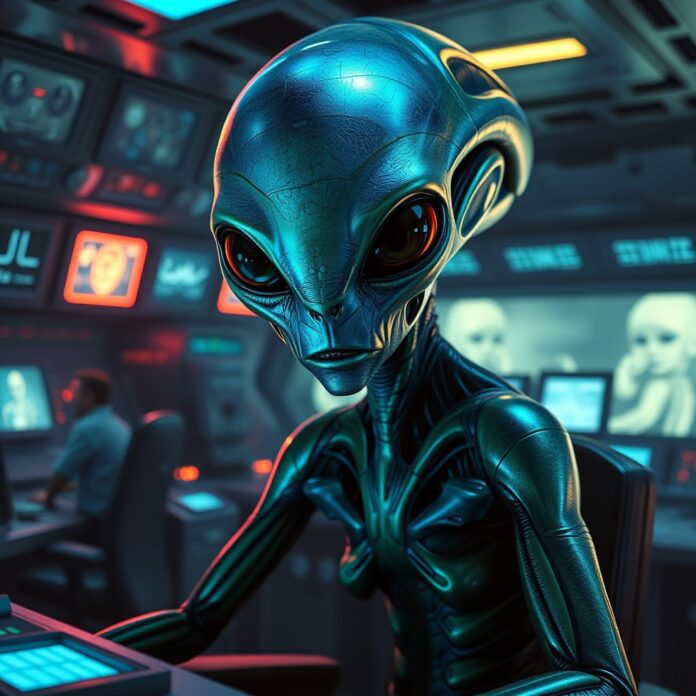 Alien observing humans use the internet. An alien observing humans use the internet, set in a futuristic and vibrant digital landscape. The alien is a unique and imaginative creature, with colorful skin and large, expressive eyes, seated in a high-tech control room filled with holographic screens displaying social media, streaming videos, and online interactions. The room is illuminated by soft, neon lights, casting an ethereal glow. In the background, glimpses of humans engaged in various online activities are visible through large windows. The scene captures the alien's curiosity and confusion, with intricate details in both the alien's design and the dynamic digital environment, creating a whimsical yet thought-provoking atmosphere. Hyper-detailed, cinematic lighting, and a blend of realism and fantasy should make this digital art piece stand out on platforms like ArtStation.