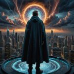 A visionary portrait of Bill Gates as an old tech prophet, set in a dystopian future. He stands on a futuristic city rooftop, with digital holograms displaying data and charts around him. His weathered face is filled with wisdom and concern, emphasizing the weight of his prophetic words on unemployment and technology's impact on society. He wears a flowing, high-tech cloak that shimmers with nanotechnology, blending traditional and futuristic elements. The background features a neon-lit skyline, with a dramatic sky filled with swirling clouds. The scene is rich in detail, with a cinematic feel, highlighting the contrast between Gates' contemplative gaze and the bustling, chaotic city below. High-res digital painting with a blend of realism and surrealism, capturing the essence of a modern oracle in a tech-driven world.