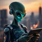 An Alien watching the price of bitcoin while reading the white paper written by satoshi nakamoto