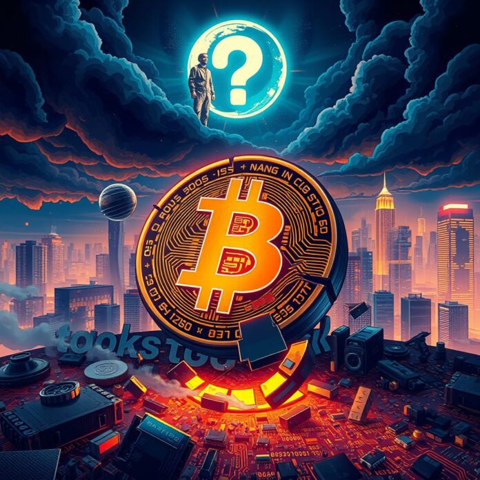 A thought-provoking digital illustration capturing the essence of Bitcoin's existential crisis. The foreground features a large, cracked Bitcoin symbol, surrounded by digital debris and fading code, symbolizing its decline from revolutionary cash system to a digital paperweight. In the background, a dystopian cityscape bathed in neon lights contrasts with dark clouds of uncertainty. Floating holograms depict Satoshi Nakamoto, overshadowed by a looming question mark, representing the mystery of its creator. The artwork employs a dramatic color palette of deep blues and vibrant golds, with sharp focus on details like the intricate circuitry and reflections in the Bitcoin symbol. The style combines elements of cyberpunk and surrealism, creating a cinematic atmosphere that invites viewers to ponder the future of digital currency.