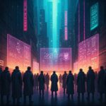 A satirical illustration depicting a futuristic scene in 2026 where blockchain technology is still struggling to meet its promises. The scene features a bustling city filled with neon lights, where people are gathered around holographic displays showcasing failed blockchain projects. In the foreground, a group of bewildered experts in futuristic attire holds signs reading "This Year is the Year!" while a comically large calendar displays the years 2020 through 2026, each marked with a big red "X." The atmosphere is a mix of excitement and disbelief, with elements of cyberpunk aesthetics, vibrant colors, and exaggerated expressions on the faces of the crowd. The art captures the irony and humor of the situation, blending futuristic technology with a sense of ongoing disappointment.