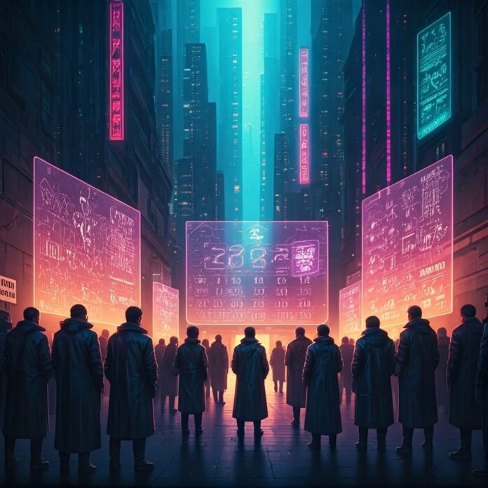 A satirical illustration depicting a futuristic scene in 2026 where blockchain technology is still struggling to meet its promises. The scene features a bustling city filled with neon lights, where people are gathered around holographic displays showcasing failed blockchain projects. In the foreground, a group of bewildered experts in futuristic attire holds signs reading "This Year is the Year!" while a comically large calendar displays the years 2020 through 2026, each marked with a big red "X." The atmosphere is a mix of excitement and disbelief, with elements of cyberpunk aesthetics, vibrant colors, and exaggerated expressions on the faces of the crowd. The art captures the irony and humor of the situation, blending futuristic technology with a sense of ongoing disappointment.