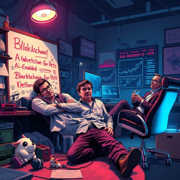 A satirical illustration depicting a startup founder in an office, overwhelmed and deep in thought. The scene captures the moment of existential crisis as the founder stares blankly at a whiteboard filled with chaotic ideas, such as "AI-Enabled Blockchain for Pets." The office is cluttered with futuristic gadgets, pet toys, and blockchain-related paraphernalia. The lighting is dramatic, casting shadows that emphasize the founder's expression of despair. In the background, a VC with a smug expression leans back in a modern chair, sipping coffee while surrounded by holographic graphs and futuristic technology. The style is vibrant and exaggerated, reminiscent of a graphic novel, with bold colors to highlight the absurdity of the situation.