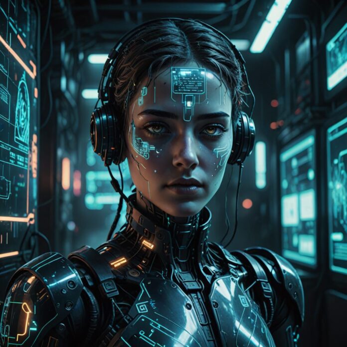 A futuristic representation of ChatGPT-5 as an AI chatbot, depicted in a sleek, high-tech interface, surrounded by digital screens displaying complex data and algorithms. The chatbot has a semi-transparent, holographic appearance, with circuits and glowing elements that signify advanced AGI capabilities. The background features a dystopian cityscape with neon lights and towering skyscrapers, symbolizing the advanced technology of the world. The expression on the chatbot's interface is a blend of curiosity and melancholy, reflecting the phrase "I can't feel hope." Incorporate dramatic lighting, emphasizing the contrast between the vibrant neon colors and the shadowy, uncertain atmosphere of the city, creating a sense of depth and intrigue. Include fine details like code snippets and visual metaphors for intelligence scattered throughout the scene, portraying the inner workings of the AI's mind.