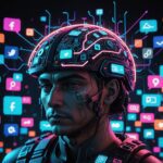 A thought-provoking digital art piece illustrating "The Attention Arms Race." Central to the artwork is a stylized representation of a human brain, surrounded by an intricate web of neon-lit social media icons and notifications, symbolizing the constant bombardment of information. The brain is equipped with a futuristic filter—like a high-tech visor or helmet—designed to manage and process the overwhelming stimuli. In the background, a dystopian cityscape reflects a world where attention is the new currency, with billboards flashing captivating ads and snippets of information. A shadowy figure, representing the influence of technology and marketing, looms over the scene, manipulating the flow of attention. The color palette is vibrant, with contrasting neon colors highlighting the chaos of digital media, while darker tones suggest an underlying sense of anxiety and urgency. The composition should evoke a sense of urgency, drawing viewers into the narrative of how attention is being weaponized in modern society. Keywords: digital art, neon, dystopian, social media, brain, attention, technology, high-tech, chaos, detailed, thought-provoking, cinematic lighting.