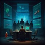 A dramatic and thought-provoking illustration depicting the concept of "Internet Illuminati Exposed." Visualize a shadowy boardroom filled with corporate executives surrounded by holographic screens displaying the Cloudflare logo and various website statistics. In the foreground, an overwhelmed website owner stares in disbelief at their outdated setup, symbolized by a worn-out dial-up modem and an old computer, contrasted with the sleek, futuristic technology of the corporations. Incorporate elements of digital mystique, like swirling data streams and visual metaphors for speed (like racing cars or lightning). Use a color palette of deep blues, purples, and neon greens to evoke a sense of the cyberpunk aesthetic, while emphasizing the stark divide between the corporate elite and the average web user. Add subtle hints of humor, like a cartoonish depiction of a toddler running across a highway, representing the vulnerability of those not using advanced technologies. The overall tone should be both serious and slightly satirical, capturing the essence of this shocking revelation in digital innovation.