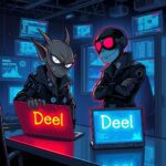 A dramatic, satirical illustration capturing the essence of corporate espionage in a dystopian tech world. Feature two anthropomorphic characters representing Rippling and Deel, depicted as sleek, futuristic corporate spies in high-tech suits, lurking in a shadowy office environment filled with surveillance gadgets and holographic interfaces. The setting should have a neon glow, reflecting a cyberpunk aesthetic, with monitors displaying data and graphs in the background. In the foreground, show the Rippling character peering over a desk, looking suspiciously at an open laptop displaying the word "Deel" highlighted in bright red. Include exaggerated facial expressions that convey intrigue and mischief. The overall color palette should consist of dark tones contrasted with vibrant neon accents, creating a sense of tension and drama. The artwork should be hyper-detailed, emphasizing the sleek design of the characters and the high-tech environment, making it visually striking and engaging.