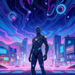 A thought-provoking digital illustration titled "Deep Learning Delusion," depicting a surreal, futuristic Silicon Valley landscape. In the foreground, a humanoid figure made of circuit patterns and data streams stands confidently, surrounded by holographic displays of neural networks and algorithms. Behind them, a skyline of sleek buildings adorned with neon lights and digital billboards showcases slogans about AI and intelligence. The sky is filled with abstract shapes representing hallucinations—colorful, swirling patterns that evoke a sense of confusion and wonder. The color palette should be vibrant yet slightly dystopian, with blues, purples, and contrasting bright colors. The overall atmosphere conveys both the allure and the potential pitfalls of advanced technology, capturing the essence of how AI can confidently produce illusions in a hyper-connected world.