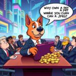 A whimsical and satirical illustration depicting a cartoon dog, representing Dogecoin, dressed in a suit and holding a briefcase filled with digital coins. The background features a futuristic cityscape with vibrant neon colors, emphasizing the cyberpunk aesthetic. The dog is sitting at a large conference table surrounded by financial experts in suits, all looking intrigued and slightly bewildered by charts showing skyrocketing cryptocurrency values. To enhance the irony, include a thought bubble from the dog that reads, "Why own a pet when you can own a JPEG?" The style is colorful and playful, reminiscent of popular animated cartoons, with detailed expressions and exaggerated features to capture the humor of the situation. The overall atmosphere blends a sense of absurdity and critique of the modern economy, making it both thought-provoking and entertaining.