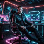 A satirical digital artwork depicting Elon Musk in a futuristic gaming setup, surrounded by holographic screens showing charts and stats. He is reclined in an ultra-modern gaming chair, wearing a sleek headset, with a mischievous grin on his face. The room is dimly lit with neon accents, showcasing high-tech gaming gear and a console with a logo reading 'BillionaireBoost.' In the background, ghostly silhouettes of the Forbes 400 members can be seen, each engaged in different gaming activities, hinting at their participation. The atmosphere is a mix of humor and dystopian vibes, with exaggerated features and a whimsical style reminiscent of popular comic book art. Bright colors and sharp contrasts emphasize the absurdity of the situation, making it a striking piece that captures the essence of gaming culture and wealth.