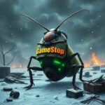 A surreal and imaginative scene depicting a cockroach styled as a GameStop store, braving a post-apocalyptic nuclear winter. The cockroach stands resiliently on the remnants of a snowy, desolate landscape filled with debris and remnants of technology. The façade of the GameStop store is creatively integrated into the cockroach's armor, decorated with neon lights flickering weakly against the harsh, cold atmosphere. In the background, a dark, moody sky is filled with swirling clouds and the faint glow of distant fires, casting an eerie light on the scene. Snowflakes fall gently, contrasting with the vibrant colors of the cockroach's "store" features. The artwork should be rich in detail, capturing the intricate textures of both the cockroach's body and the dilapidated surroundings. The overall mood is a blend of dystopian and whimsical, emphasizing survival and adaptation in a harsh world. Digital art style with hyper-realistic shading and cinematic lighting, inspired by artists such as Simon Stålenhag and Katsuhiro Otomo, trending on platforms like ArtStation.