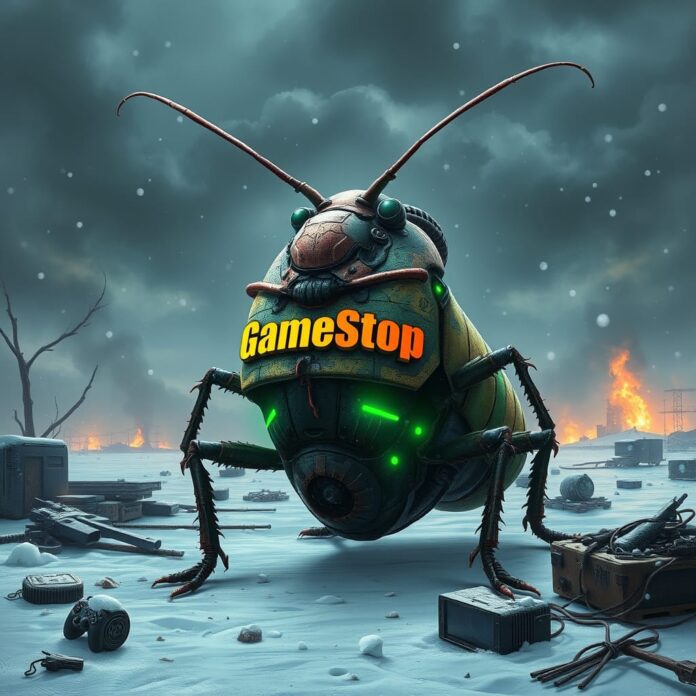 A surreal and imaginative scene depicting a cockroach styled as a GameStop store, braving a post-apocalyptic nuclear winter. The cockroach stands resiliently on the remnants of a snowy, desolate landscape filled with debris and remnants of technology. The façade of the GameStop store is creatively integrated into the cockroach's armor, decorated with neon lights flickering weakly against the harsh, cold atmosphere. In the background, a dark, moody sky is filled with swirling clouds and the faint glow of distant fires, casting an eerie light on the scene. Snowflakes fall gently, contrasting with the vibrant colors of the cockroach's "store" features. The artwork should be rich in detail, capturing the intricate textures of both the cockroach's body and the dilapidated surroundings. The overall mood is a blend of dystopian and whimsical, emphasizing survival and adaptation in a harsh world. Digital art style with hyper-realistic shading and cinematic lighting, inspired by artists such as Simon Stålenhag and Katsuhiro Otomo, trending on platforms like ArtStation.
