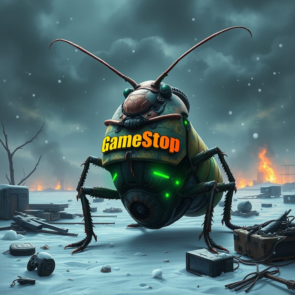 A surreal and imaginative scene depicting a cockroach styled as a GameStop store, braving a post-apocalyptic nuclear winter. The cockroach stands resiliently on the remnants of a snowy, desolate landscape filled with debris and remnants of technology. The façade of the GameStop store is creatively integrated into the cockroach's armor, decorated with neon lights flickering weakly against the harsh, cold atmosphere. In the background, a dark, moody sky is filled with swirling clouds and the faint glow of distant fires, casting an eerie light on the scene. Snowflakes fall gently, contrasting with the vibrant colors of the cockroach's 