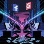 A conceptual illustration depicting the theme of "Digital Deception Exposed," focusing on the dark side of social media marketing. The scene features a dystopian landscape where Facebook and Google icons loom large in the background, representing the giants of the digital world. In the foreground, a group of shadowy figures, resembling robotic click farm workers, are hunched over glowing screens, frantically clicking on ads. Their expressions are vacant, emphasizing the mindless nature of the operation. The atmosphere is filled with a mix of neon lights and shadows, creating a stark contrast that highlights the exploitation behind the scenes. Data streams and binary code flow like water around them, symbolizing the endless cycle of information and manipulation. Incorporate elements like broken currency symbols and a leaking marketing budget to further illustrate the financial drain on businesses. The overall style should be hyper-detailed, reminiscent of cyberpunk aesthetics, with cinematic lighting that enhances the sense of urgency and deception. This digital art should provoke thought about the hidden mechanisms of online advertising and the impact on small businesses.