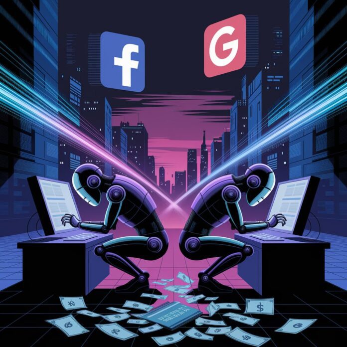 A conceptual illustration depicting the theme of "Digital Deception Exposed," focusing on the dark side of social media marketing. The scene features a dystopian landscape where Facebook and Google icons loom large in the background, representing the giants of the digital world. In the foreground, a group of shadowy figures, resembling robotic click farm workers, are hunched over glowing screens, frantically clicking on ads. Their expressions are vacant, emphasizing the mindless nature of the operation. The atmosphere is filled with a mix of neon lights and shadows, creating a stark contrast that highlights the exploitation behind the scenes. Data streams and binary code flow like water around them, symbolizing the endless cycle of information and manipulation. Incorporate elements like broken currency symbols and a leaking marketing budget to further illustrate the financial drain on businesses. The overall style should be hyper-detailed, reminiscent of cyberpunk aesthetics, with cinematic lighting that enhances the sense of urgency and deception. This digital art should provoke thought about the hidden mechanisms of online advertising and the impact on small businesses.