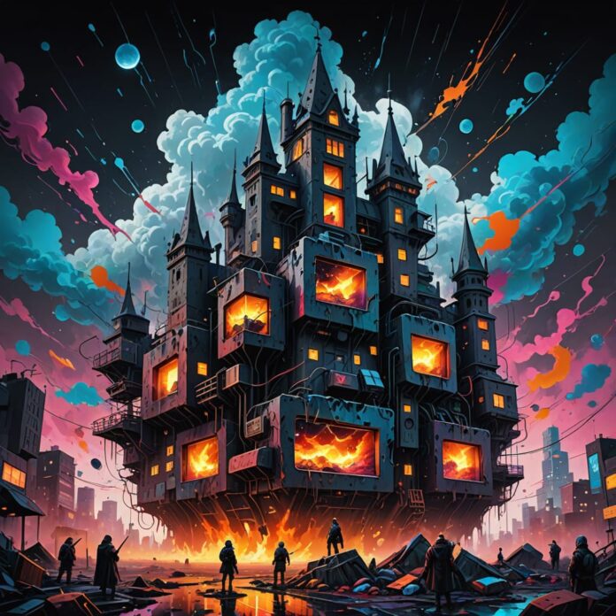 A satirical digital art piece depicting a dystopian future where Google dominates the internet. The scene features a giant, imposing Google logo looming over a desolate landscape of crumbling websites and digital tombstones, symbolizing the "extinction" of independent publishers. In the foreground, a group of bewildered web publishers, some with medieval attire and others clutching air fryers, are seen contemplating their next career moves. The atmosphere is filled with neon lights and glitch effects, creating a cyberpunk vibe. The sky is dark with swirling clouds, illuminated by glowing search results and algorithmic data streams. The artwork should have a humorous yet critical tone, showcasing the absurdity of the situation while highlighting the impact of technological monopolies on creativity and expression.