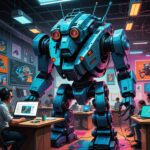 A satirical illustration depicting the journey of the "Great Coding Crusade" from 2010 to 2020. The scene is split into two halves: Left Half: A vibrant classroom filled with diverse people of all ages eagerly learning to code. Laptops are open, colorful coding visualizations are projected on the walls, and a charismatic instructor passionately explains concepts. Banners in the background read "Learn to Code!" and "Future of Work!" Neon colors and optimistic expressions fill the space, creating an atmosphere of hope and opportunity. Right Half: A stark contrast showing a dystopian future. A sleek AI interface looms large, with holographic displays showcasing lines of code being generated effortlessly. On the ground, despondent individuals (previous coders) are sitting with their laptops closed, looking disillusioned and bewildered. The atmosphere is dark and cold, with a hint of neon glow from the AI, emphasizing the stark reality of being replaced by technology. In the foreground, a giant, exaggeratedly smug AI robot holds a sign that reads, "Thanks for the training!" The overall style should be hyper-detailed and illustrative, blending elements of humor and a cautionary tale, capturing the irony of the situation.