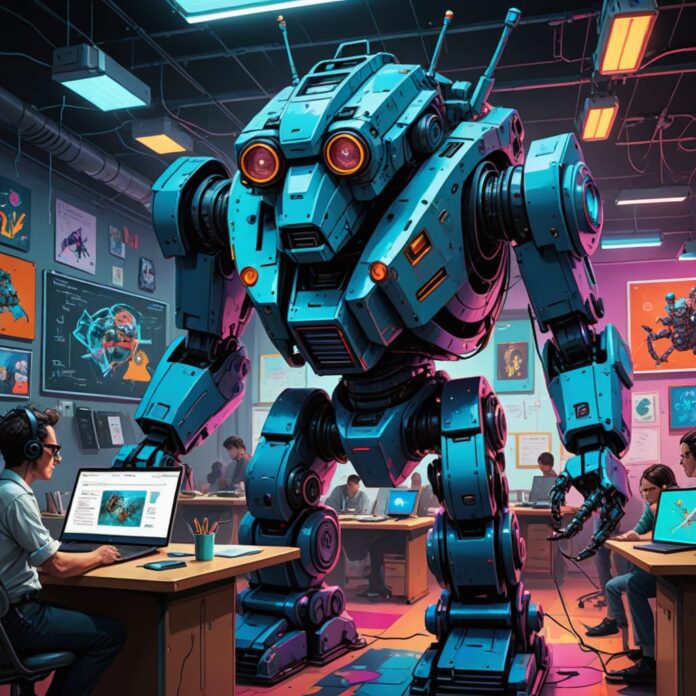 A satirical illustration depicting the journey of the "Great Coding Crusade" from 2010 to 2020. The scene is split into two halves: Left Half: A vibrant classroom filled with diverse people of all ages eagerly learning to code. Laptops are open, colorful coding visualizations are projected on the walls, and a charismatic instructor passionately explains concepts. Banners in the background read "Learn to Code!" and "Future of Work!" Neon colors and optimistic expressions fill the space, creating an atmosphere of hope and opportunity. Right Half: A stark contrast showing a dystopian future. A sleek AI interface looms large, with holographic displays showcasing lines of code being generated effortlessly. On the ground, despondent individuals (previous coders) are sitting with their laptops closed, looking disillusioned and bewildered. The atmosphere is dark and cold, with a hint of neon glow from the AI, emphasizing the stark reality of being replaced by technology. In the foreground, a giant, exaggeratedly smug AI robot holds a sign that reads, "Thanks for the training!" The overall style should be hyper-detailed and illustrative, blending elements of humor and a cautionary tale, capturing the irony of the situation.