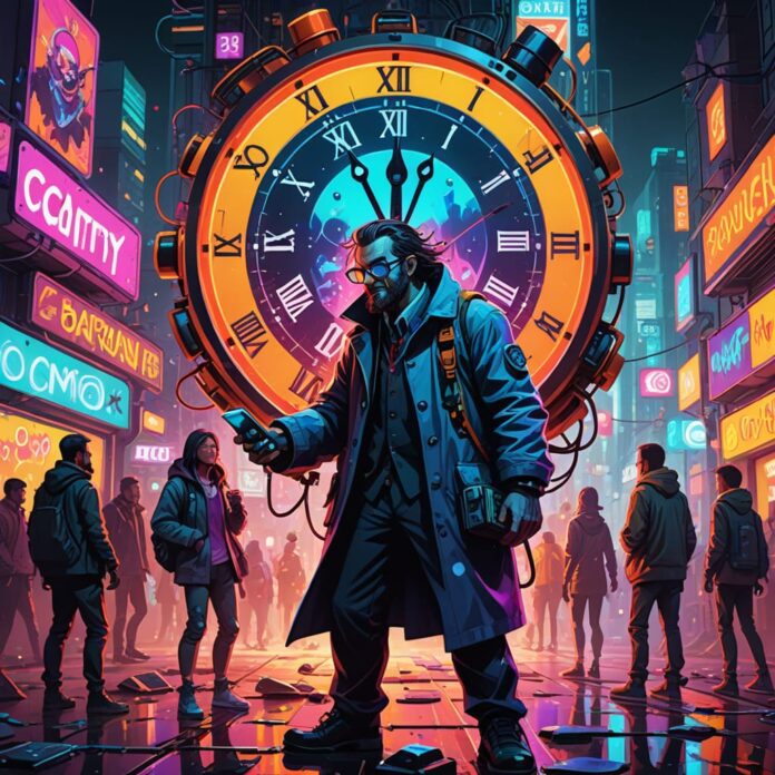 Create a satirical digital illustration depicting a whimsical and exaggerated scene that embodies the essence of the article. Imagine a futuristic world where mobile games are personified as charming yet sinister characters, each representing different genres (e.g., puzzle, racing, RPG). Setting: A dystopian cityscape, with neon lights casting a glow on the streets. Shadows of people are seen glued to their phones, oblivious to the world around them. Characters: A cartoonish scientist wearing a lab coat, holding a giant smartphone like a trophy, with a gleeful yet maniacal expression. Game characters like a pixelated candy piece, a racing car with exaggerated features, and a fantasy character, all looking mischievous as they pull the strings of the distracted players. Details: Incorporate humorous elements like a calendar page being blown away by the wind, symbolizing lost time, and a clock with melting numbers reminiscent of Salvador Dalí, to emphasize the absurdity of time spent on games. Text Elements: Include the humorous "Ancient Proverb" at the bottom of the illustration in a playful font, along with exaggerated statistics floating around like thought bubbles from the characters. Style: Use vibrant colors and a cartoonish, exaggerated art style reminiscent of popular animated shows, blending humor with a critique of modern gaming culture. This artwork should capture the irony and absurdity of gaming