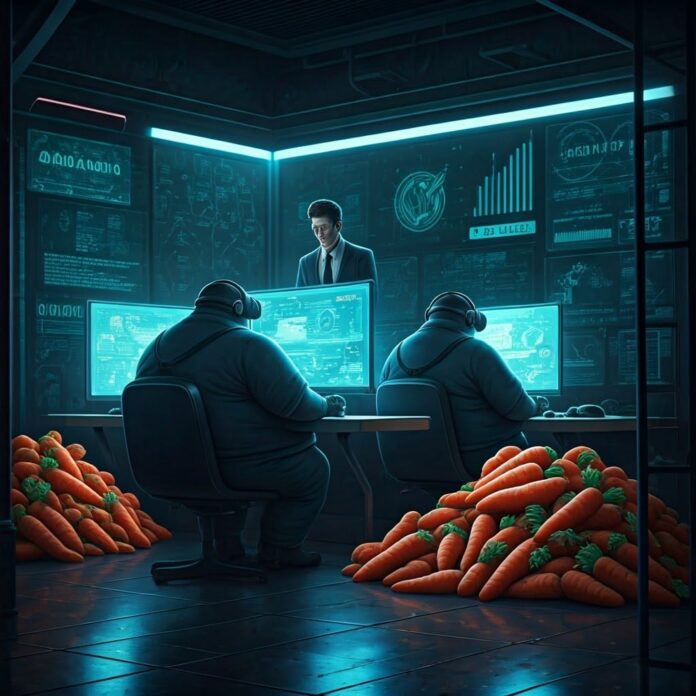 A satirical digital illustration depicting a secret facility where "human whales" are being trained for mobile gaming. The scene is set in a high-tech, dystopian environment, featuring exaggeratedly large humans sitting at futuristic gaming stations, surrounded by piles of virtual carrots and glowing screens displaying flashy in-game purchases. Include a humorous twist with trainers—over-the-top, corporate-looking figures in suits—monitoring the "whales" through glass panels, with charts showing their spending habits. Neon lights and cyberpunk aesthetics should dominate the color palette, creating a sense of urgency and excess. The atmosphere should be dramatic, with shadows playing across the scene, highlighting both the absurdity and the darker implications of the mobile gaming industry's practices. Incorporate visual elements such as dollar signs, virtual currency symbols, and playful caricatures of in-game items, all rendered in a hyper-detailed style to reflect the satirical take on consumerism in gaming.