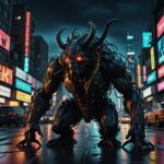 A visually striking illustration depicting the evolution of Netflix from a humble DVD rental service to a dominant streaming powerhouse, portrayed as a monstrous creature wrapped in cables and wires. The creature looms over a cityscape filled with traditional cable TV antennas, with a dramatic sky illuminated by neon lights and digital screens. In the foreground, former DVD boxes are scattered, symbolizing the past, while modern streaming devices and remote controls are depicted as small warriors battling against the cable monster. The scene is filled with rich details, vibrant colors, and a sense of chaos, reflecting the clash between old media and the new digital age. The artwork should have a cinematic quality, with dynamic lighting and a slightly dystopian feel, trending in digital art platforms.