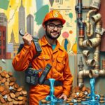 A whimsical scene depicting a "plumber" for the finance industry, featuring a character in a tool belt filled with financial tools like calculators, charts, and dollar bills instead of wrenches and pipes. The character, wearing a hard hat with a dollar sign, is fixing leaks in a wall made of stock market graphs and currency notes. Surrounding them are oversized coins spilling water, and a pipe system made of bank statements. The style is colorful and cartoonish, with a playful twist on both plumbing and finance, incorporating elements like a bright, cheerful background reminiscent of a bustling city. The art should be rich in detail, conveying both the seriousness of finance and the lightheartedness of plumbing.