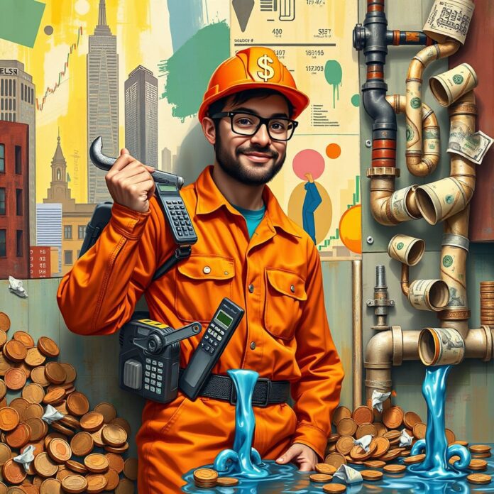 A whimsical scene depicting a "plumber" for the finance industry, featuring a character in a tool belt filled with financial tools like calculators, charts, and dollar bills instead of wrenches and pipes. The character, wearing a hard hat with a dollar sign, is fixing leaks in a wall made of stock market graphs and currency notes. Surrounding them are oversized coins spilling water, and a pipe system made of bank statements. The style is colorful and cartoonish, with a playful twist on both plumbing and finance, incorporating elements like a bright, cheerful background reminiscent of a bustling city. The art should be rich in detail, conveying both the seriousness of finance and the lightheartedness of plumbing.