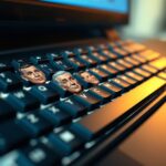 A creative representation of a QWERTY keyboard where each key features the face of a former US president, blending realism with a touch of surrealism. The keys should have a glossy finish, reflecting light in a way that highlights the intricate details of each presidential portrait. The background can be a soft gradient that emphasizes the keyboard, and the overall color palette should be rich and vibrant, drawing inspiration from both pop art and classical portraiture. The composition should feel modern and engaging, inviting viewers to explore the personalities and histories of these leaders through their iconic visages. Digital art style, with a focus on hyper-detailing and sharp contrast, reminiscent of trending artworks on platforms like ArtStation.