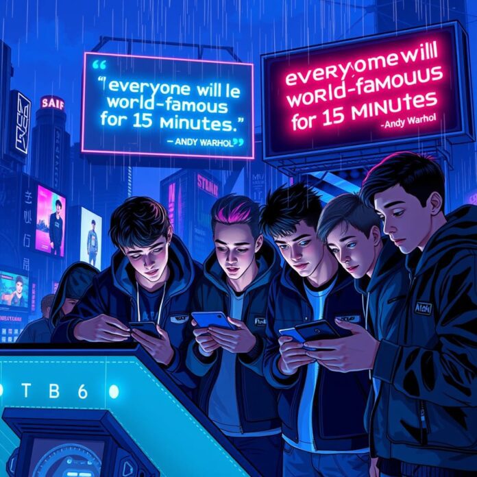 A striking digital illustration depicting a futuristic scene where AI influencers dominate social media. The foreground showcases a group of teen boys, casually dressed, huddled around their high-tech devices, creating and managing their digital avatars. The avatars, hyper-realistic and flawless, are seen on large screens around them, promoting products and engaging with virtual audiences. In the background, a dystopian cityscape glimmers with neon lights and holographic advertisements, emphasizing the stark contrast between the vibrant digital world and the gritty reality. An oversized billboard displays the quote by Andy Warhol, highlighting the irony of fame in this new era. The sky is a blend of dark blues and purples, with digital rain cascading down, symbolizing the overwhelming presence of technology in daily life. The overall tone should blend humor with a sense of unease, capturing the absurdity of a world where human influencers are being phased out in favor of perfect digital replicas. Use vibrant colors and sharp contrasts to draw attention to the characters and their creations, making the art feel dynamic and alive.