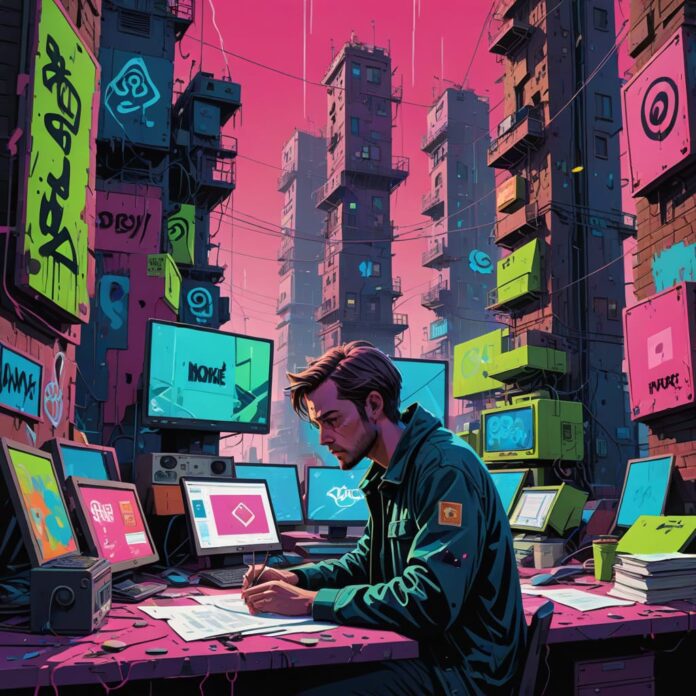A surreal and whimsical illustration depicting a person sitting at a large, ominous desk surrounded by towering stacks of paperwork labeled "Terms of Service." The character, looking bewildered and overwhelmed, is surrounded by floating icons of social media, apps, and legal symbols. In the background, a shadowy figure representing "The Fine Print" looms, with an expression of mischief. The color palette should be a blend of neon hues and dark tones to evoke a cyberpunk feel, with elements of humor and absurdity. The scene should have a dynamic composition, with exaggerated features and a slightly cartoonish style, capturing the essence of modern digital culture and the irony of blindly accepting terms.