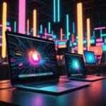 A whimsical and satirical digital illustration depicting two Apple MacBooks side by side—the MacBook Air and MacBook Pro. Both laptops should look nearly identical, showcasing their sleek and minimalist design. The MacBook Air is displayed with a playful, light-hearted background, while the MacBook Pro is set against a more dramatic, high-tech environment. Incorporate humorous elements, such as exaggerated price tags hovering above each laptop, emphasizing the stark price difference, with comedic annotations like “Extra Ports = Extra Costs!” or “Fan Included for Only $1,000 More!” The scene should be vibrant and colorful, with a futuristic touch, blending elements of tech and whimsy. Use sharp focus and detailed textures to highlight the laptops' sleek surfaces, and consider including floating neon graphics or holograms showcasing features that differentiate the models. This art piece should capture the essence of the modern tech market while providing a lighthearted commentary on consumerism.