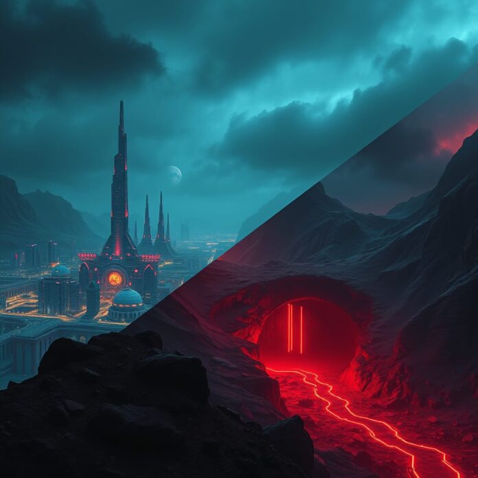 A conceptual cover design for "The Coming Wave," featuring a dramatic, dystopian landscape split between two contrasting settings: one half depicting a high-tech, futuristic city on Mars with sleek architecture and advanced AI systems, and the other half illustrating a rugged, isolated doomsday bunker in the lush but foreboding landscapes of New Zealand. The book cover should have an ominous color palette of dark blues and fiery reds, emphasizing themes of existential dread and technological advancement. Incorporate elements representing AI, such as intricate circuit patterns or digital motifs, blending into the natural scenery, symbolizing the impending collision of technology and nature. The title should be bold and striking, possibly illuminated with a neon glow, while the authors' names, Mustafa Suleyman and Michael Bhaskar, appear in a more understated but elegant font. The overall composition should evoke a sense of urgency and contemplation, inviting readers to delve into the existential themes within.